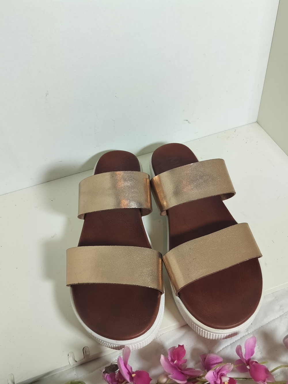 MIA Rose Gold Double-Strap Slide Sandals